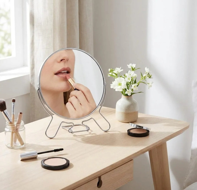 آینه آرایشی دو طرفه پایه دار رومیزی بدنه استیل ضد زنگ میرور مدل 4 اینچ با جعبه